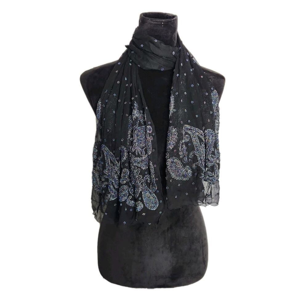 Vintage Black 100% Silk Rectangle Scarf W/ Paisley Iridescent Beads 20x56 In